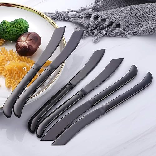 Miniatura 2 de Bisda Juego de cuchillos para carne, cuchillos de cocina de acero inoxidable dentado de alta calidad, juego de 6, aptos para lavavajillas (negro)