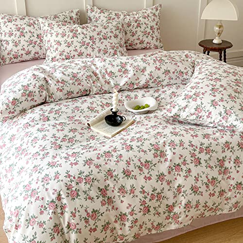 VM VOUGEMARKET Peach Pink Flower Duvet Cover Set Twin Cotton Girl's Blossom Comfoter Cover with Zipper Closure,Cottagecore Bedding Set-68"x86"