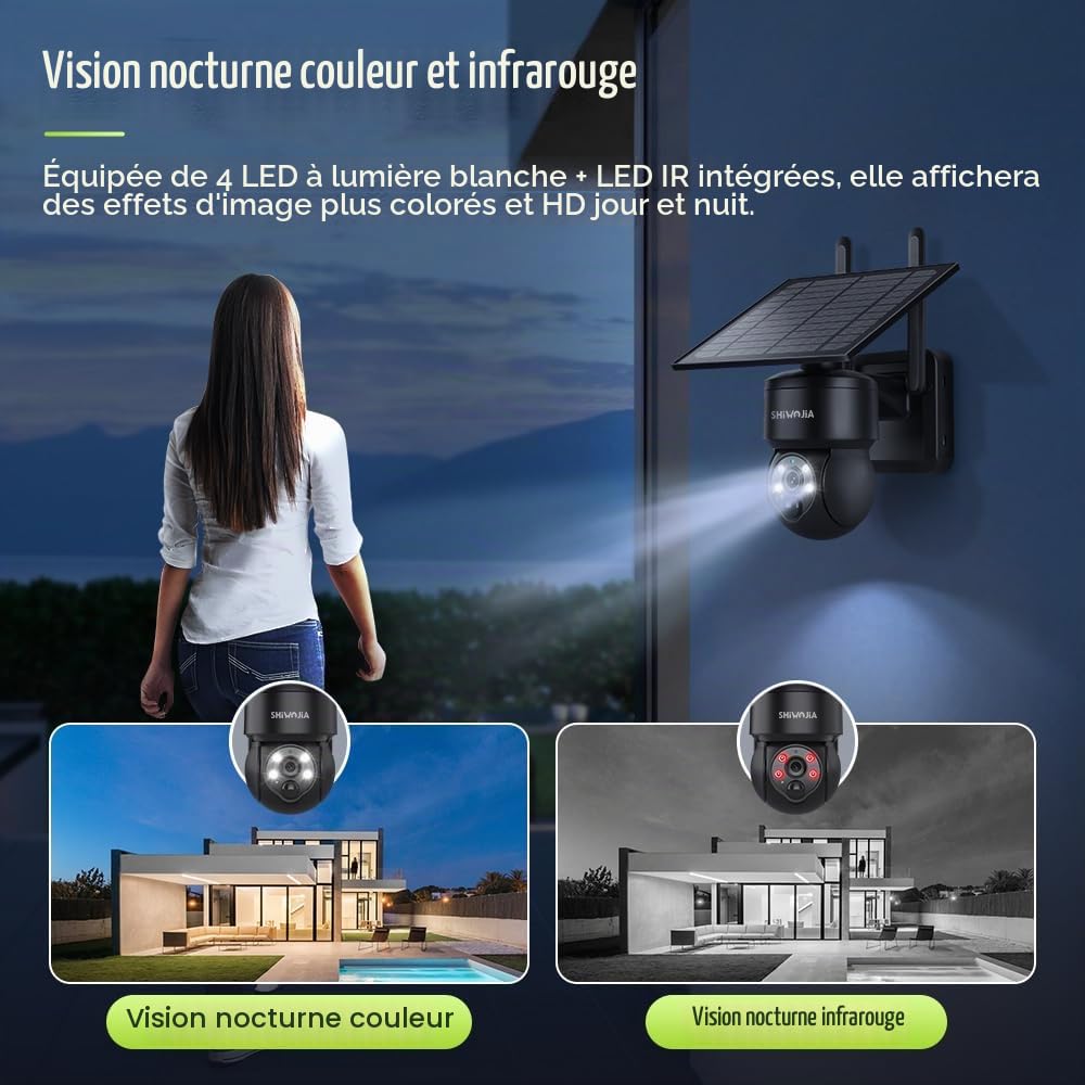 SHIWOJIA Camera Solaire Exterieur WiFi sans Fil, Tuya Exterieur, 2K Smart Life, 360° PTZ, Vision Nocturne Couleur, Audio Bidirectionnel, PIR Sirène (Noir)