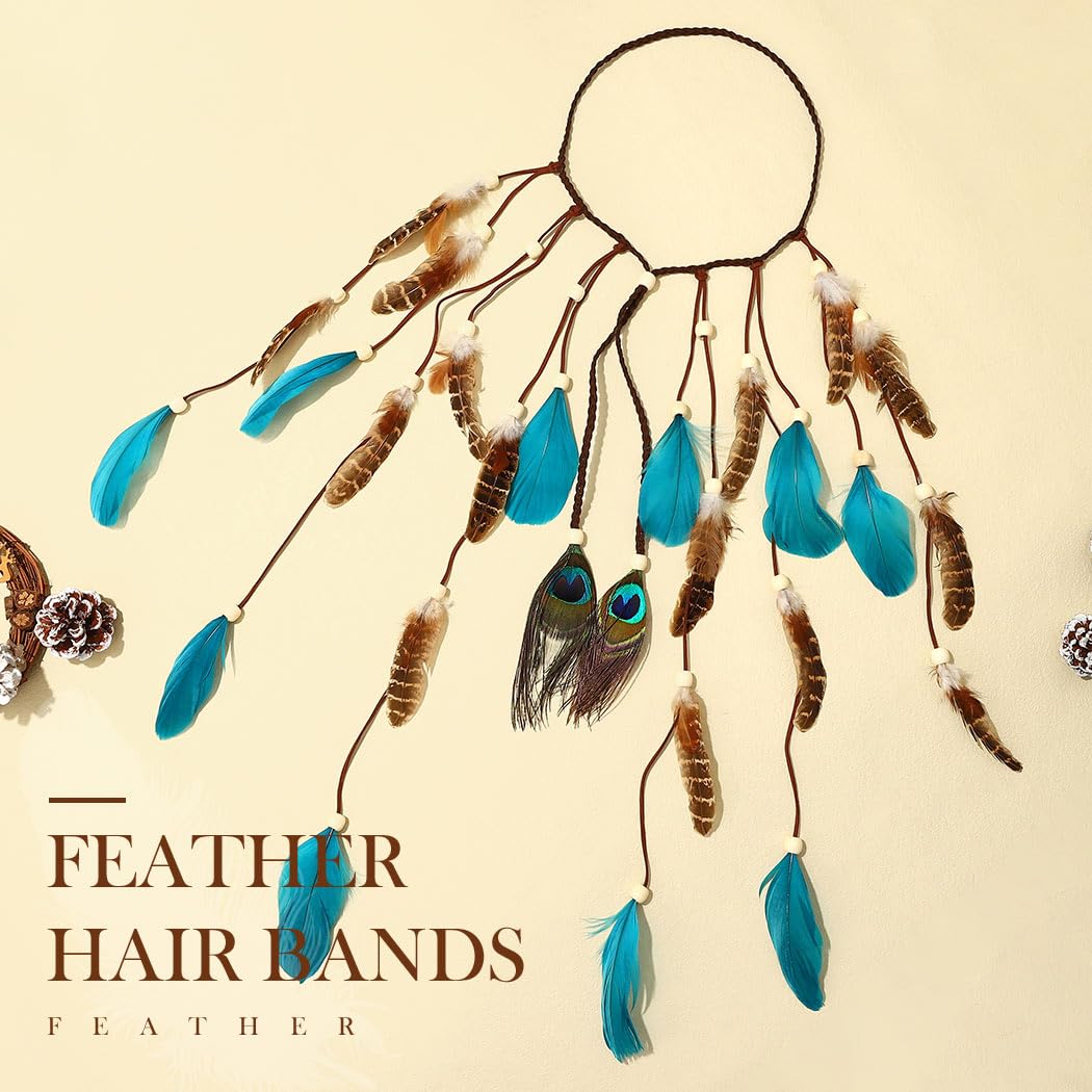 Zoestar Boho Feather Headband Indian Tribal Headpiece Feathers Tassel Hippie Headdress Festival Costume Hair Accessories for Women and Girls (D) - Image 3