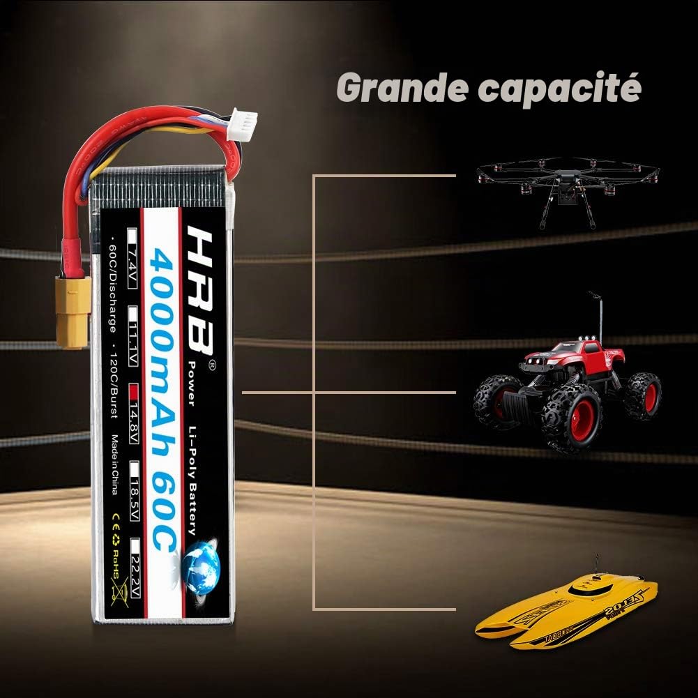 HRB 2PCS 4S 14.8V 4000mAh 60C Lipo Batterie avec XT60 Plug pour RC Hélicoptère Avion Voiture Bateau Camion