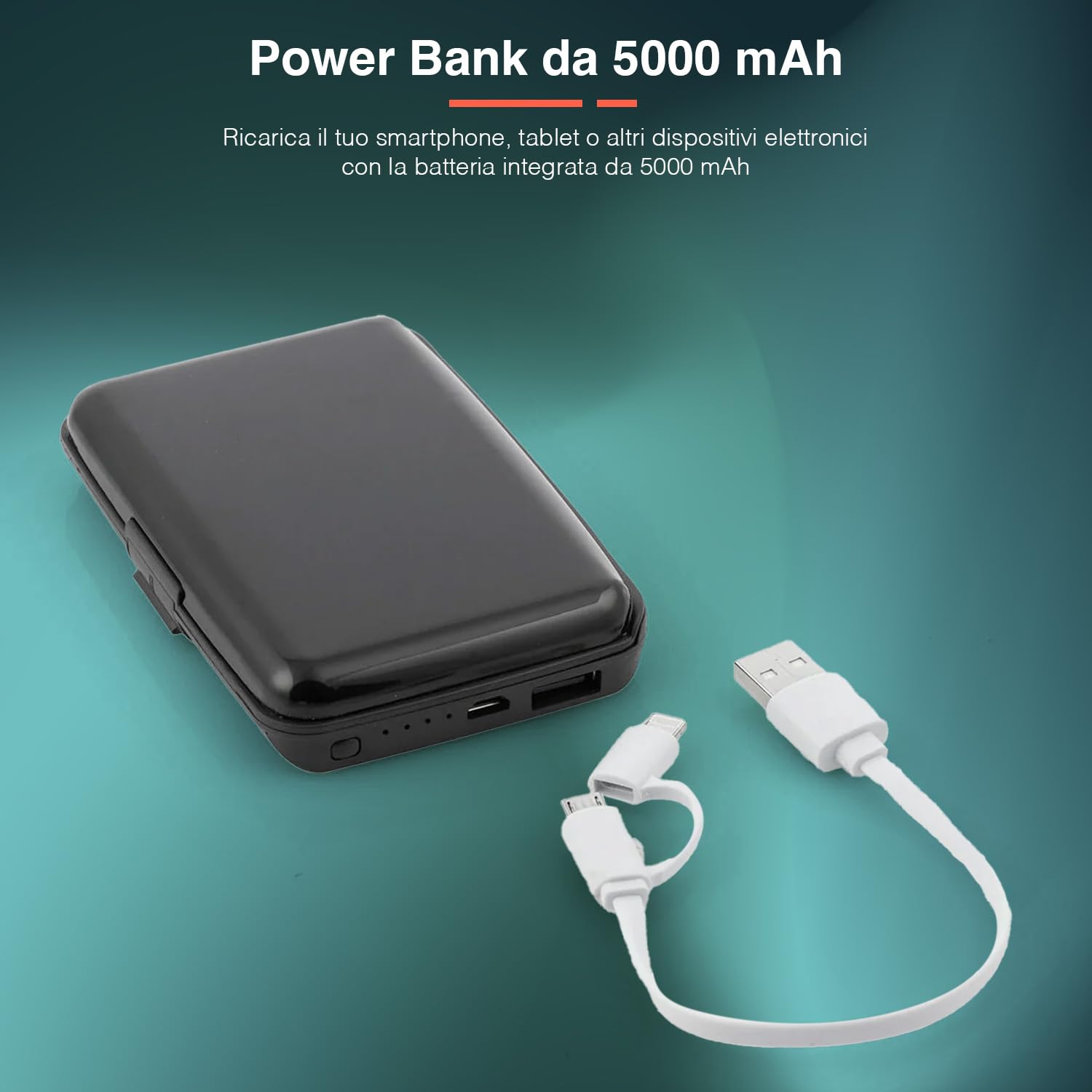 Porte-Cartes avec Protection RFID et Power Bank de 5000 mAh - Porte-Cartes avec 5 Compartiments et câble USB, en Aluminium, ABS et PVC, 11,3 x 7 x 1,6 cm, Noir