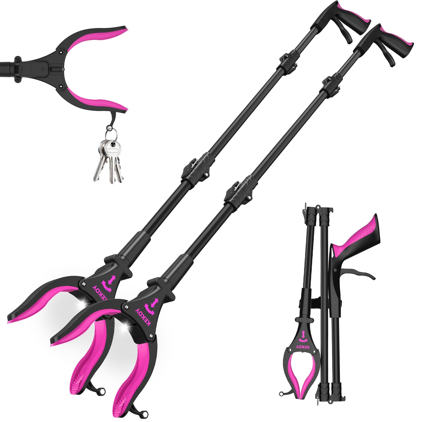 2 Pack 32'' Long Grabber Tool, Grabbers for Elderly Grab It Reaching Tool with Light, Grabber Reacher Tool Heavy Duty with Rotating Jaw & Magnets(Black Rose)