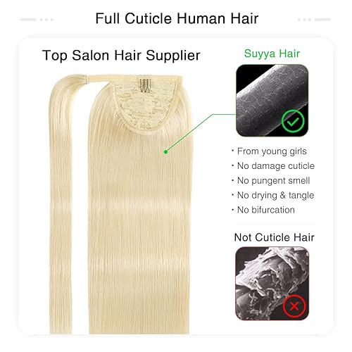 Miniatura 5 de SUYYA Extensión de cola de caballo de cabello humano con clip, extensión de cabello humano lacio con pasta mágica, 2.82 oz, 16 pulgadas, rubio