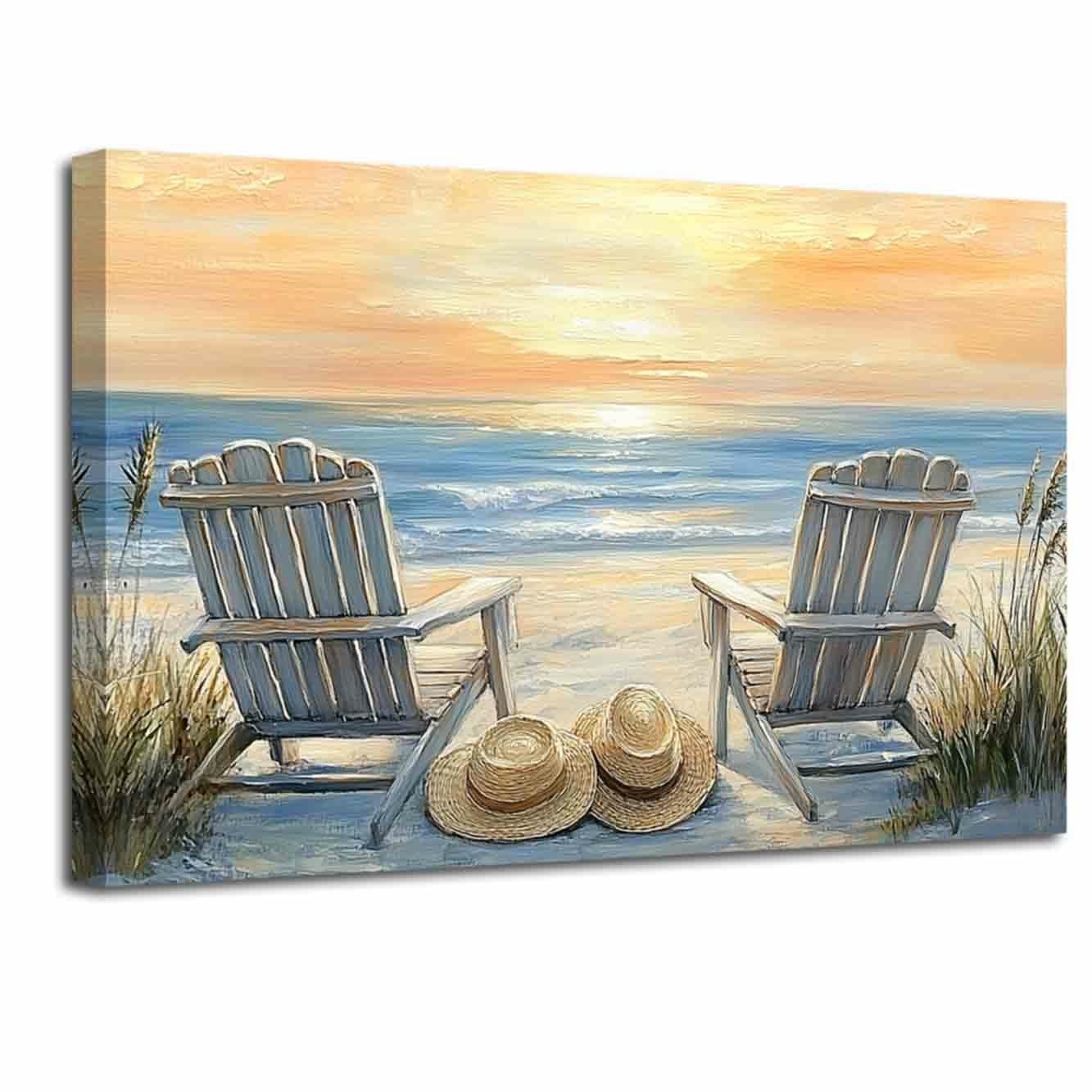 LZIMU Beach Canvas Wall Art Coastal Chair Pictures Prints Blue Ocean Paintings Relaxing Sea View Poster Seaside Artwork Seagull Sailboat Poster Bathroom Home Decor (Yellow, (30L x 45W cm))
