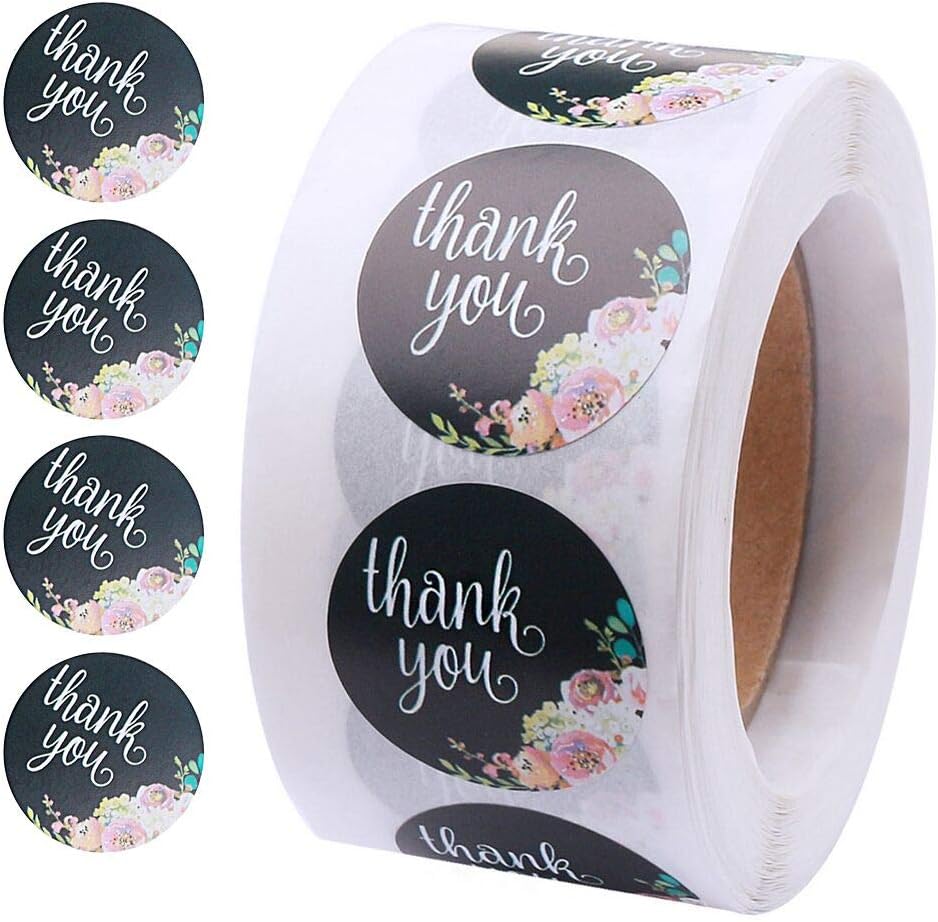 Thank You Stickers Roll, 500 PCS Per Roll Black Floral Thank You Lables Stickers for Business, Greeting Cards, Gift Wraps, Flower Bouquets Decoration