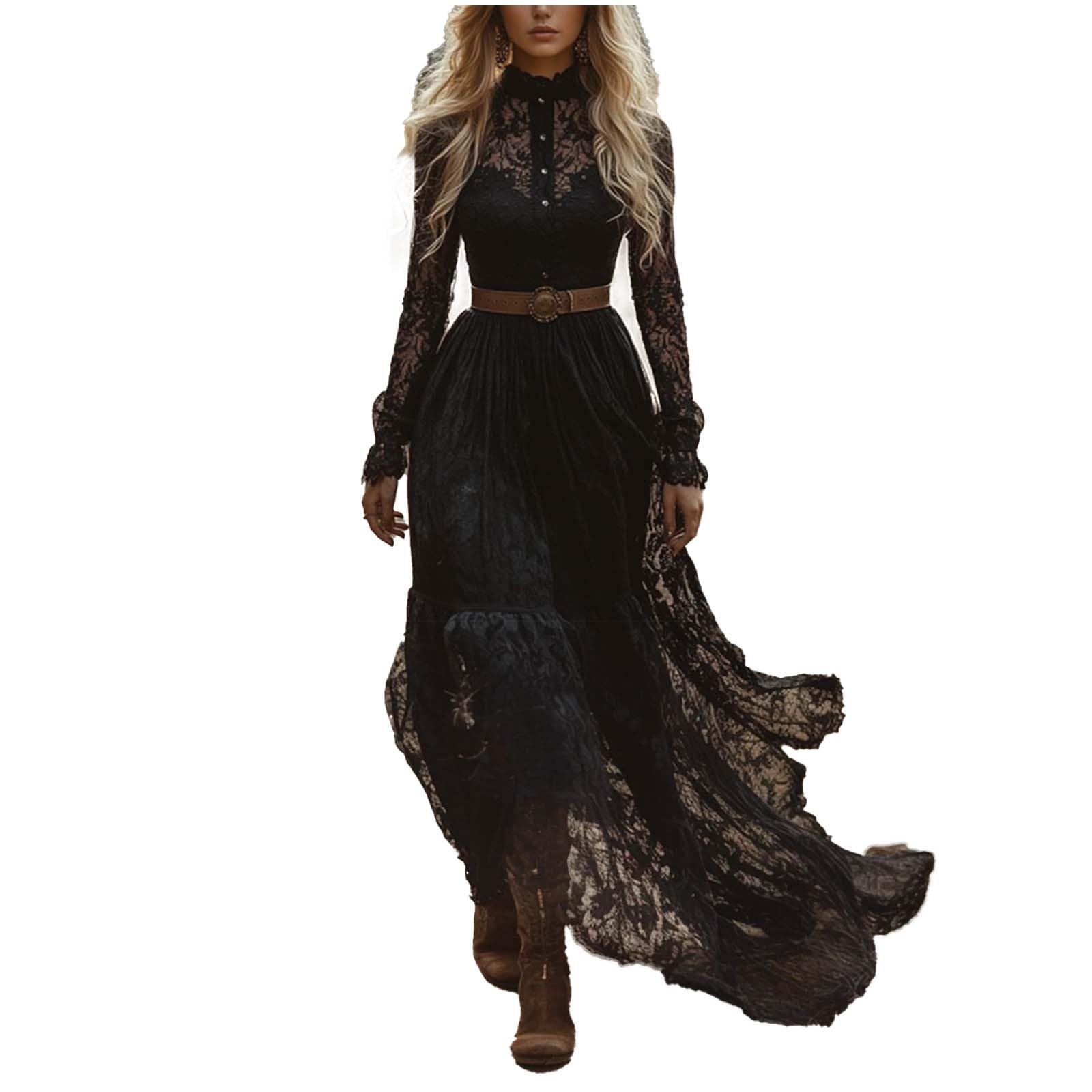 Womens Vintage Western Cowgirl Dresses Sexy Square Neck Long Sleeve Ruffle High Low Hem Vintage Boho Long Dress