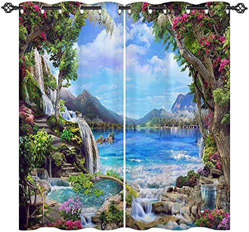 ANHOPE Scenery Curtains for Bedroom Nature Landscape Theme Window Panels with Garden Pink White Flowers Waterfall Lake Scene Print Pattern Grommet Curtain Drapes for Living Room 2 Panels 42 x 63 Inch