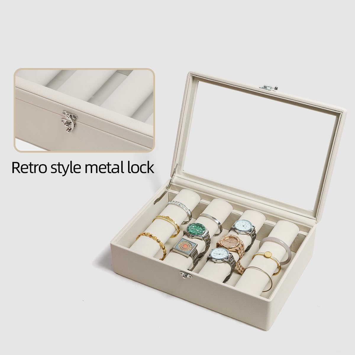 Jewelry Box Leather Bracelet Case Glass Lid with 4 Rods Beige Velvet, Bangle and Watch Box for Woman Velvet Watch Case