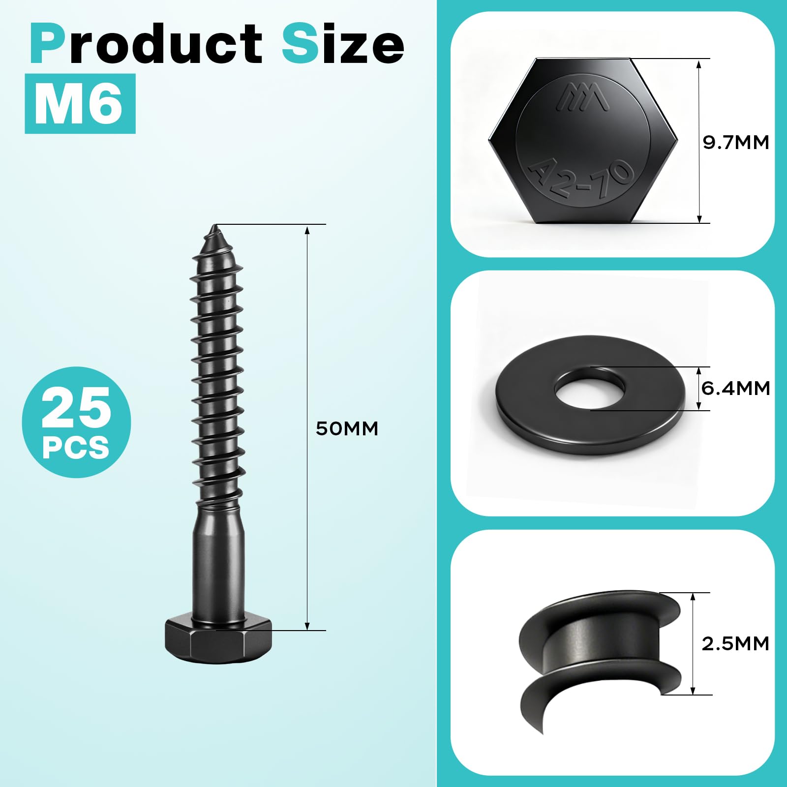 Tornillos hexagonales M6x50 para madera con arandelas, 25 unidades, acero inoxidable A2 V2A, tornillos hexagonales para madera, tornillos negros, tornillos de llave, para construcción de