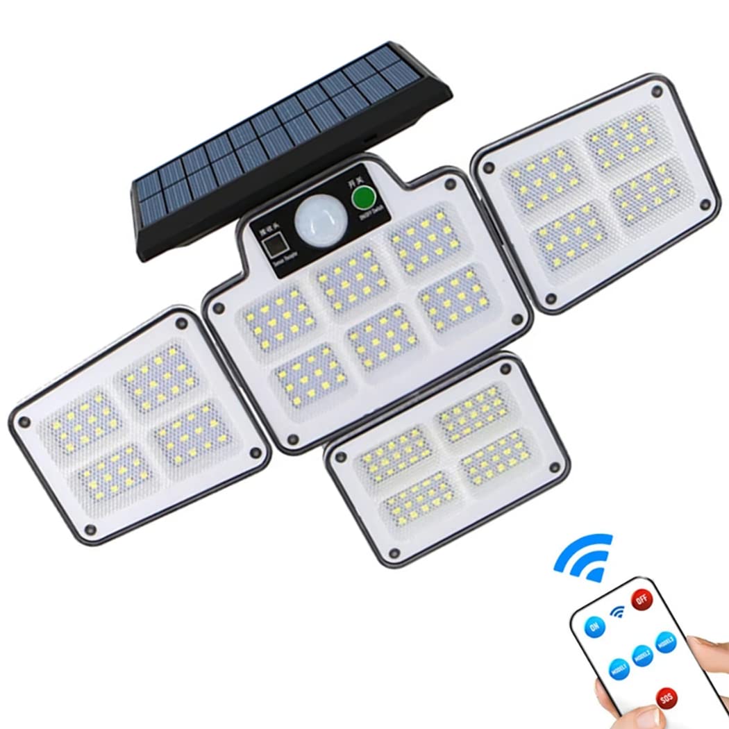 Luz Solar Exterior, 4 Cabezas 228LED Lampara Solar Exterior Con Mando A Distancia Focos Solares Con Sensor De Movimiento IP65 Impermeable Exterior Para Frente Jardin Garaje Camino Patio
