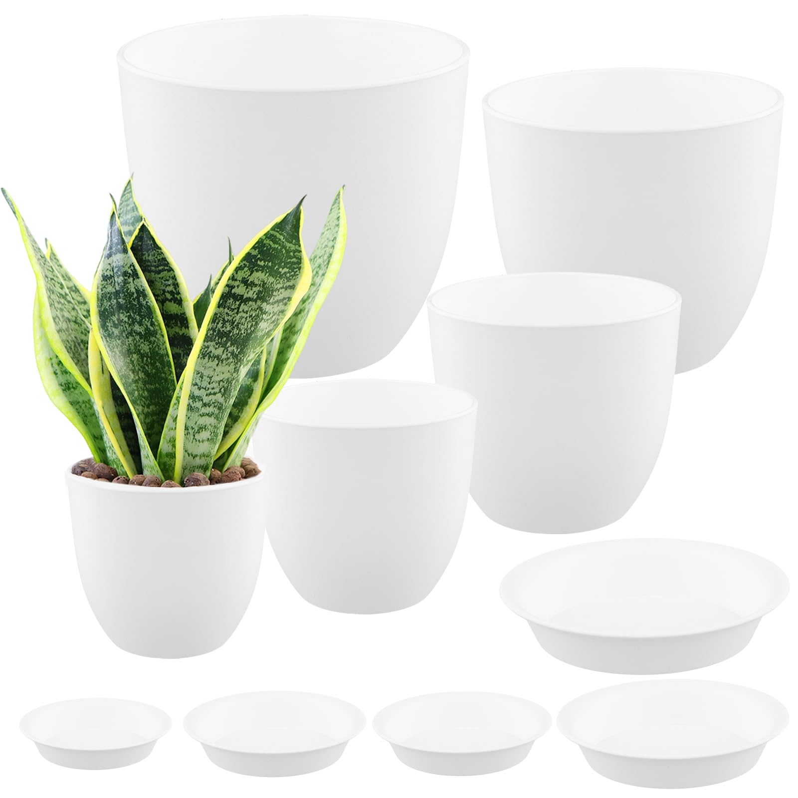 YUENPUN 10 Pack Plastic Plant Pots with Drainage Holes and Saucers, 18/16/14/12.4/11.5cm Home Decor Flower Pots Set for Indoor Plants (White)