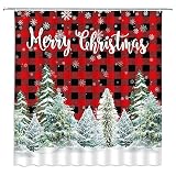 AMHNF Christmas Shower Curtain Winter Forest Snowflake Red Black Buffalo Plaid Merry Christmas Vintage Rustic Farmhouse Winter Holiday Bathroom Fabric Curtain with Hooks -  Rod Marion