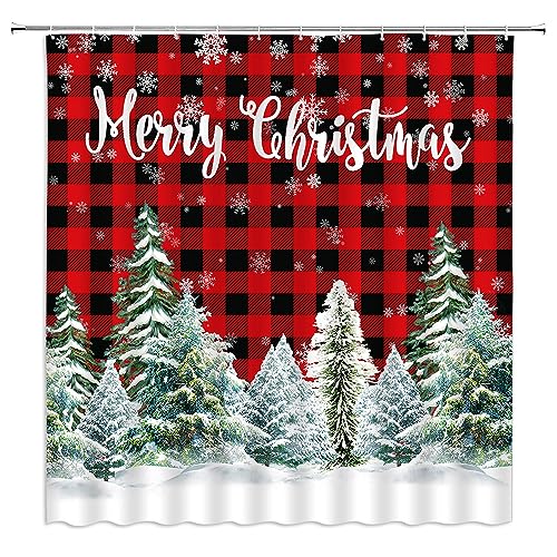AMHNF Christmas Shower Curtain Winter Forest Snowflake Red Black Buffalo Plaid Merry Christmas Vintage Rustic Farmhouse Winter Holiday Bathroom Fabric Curtain with Hooks -  Rod Marion