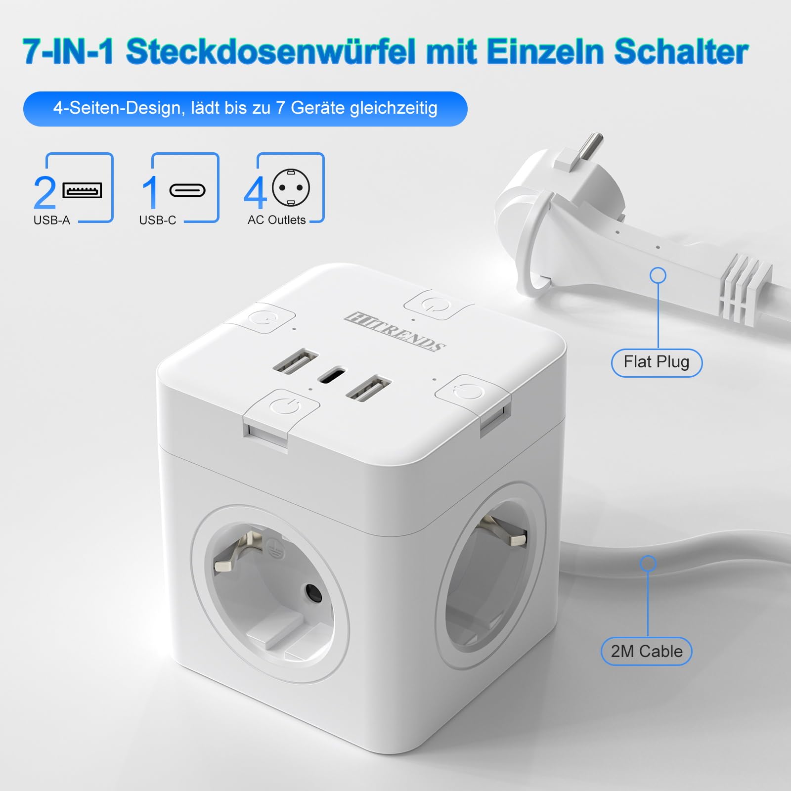 Stekkerkubus met USB, 8-in-1 meervoudige stekkerdoos Cube met 2 USB-A