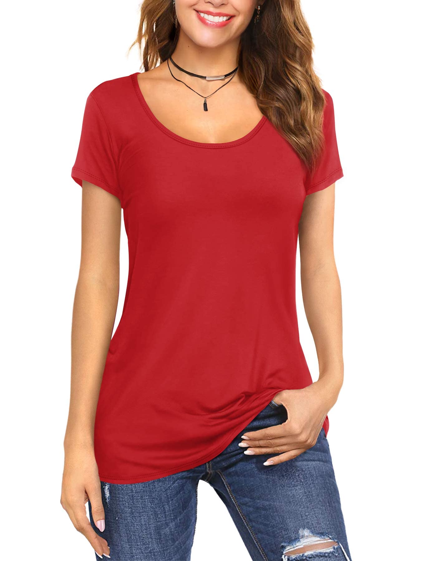Amoretu Women's Scoop Neck Short/Long Sleeve Tees Cotton T Shirts Blouses Tops