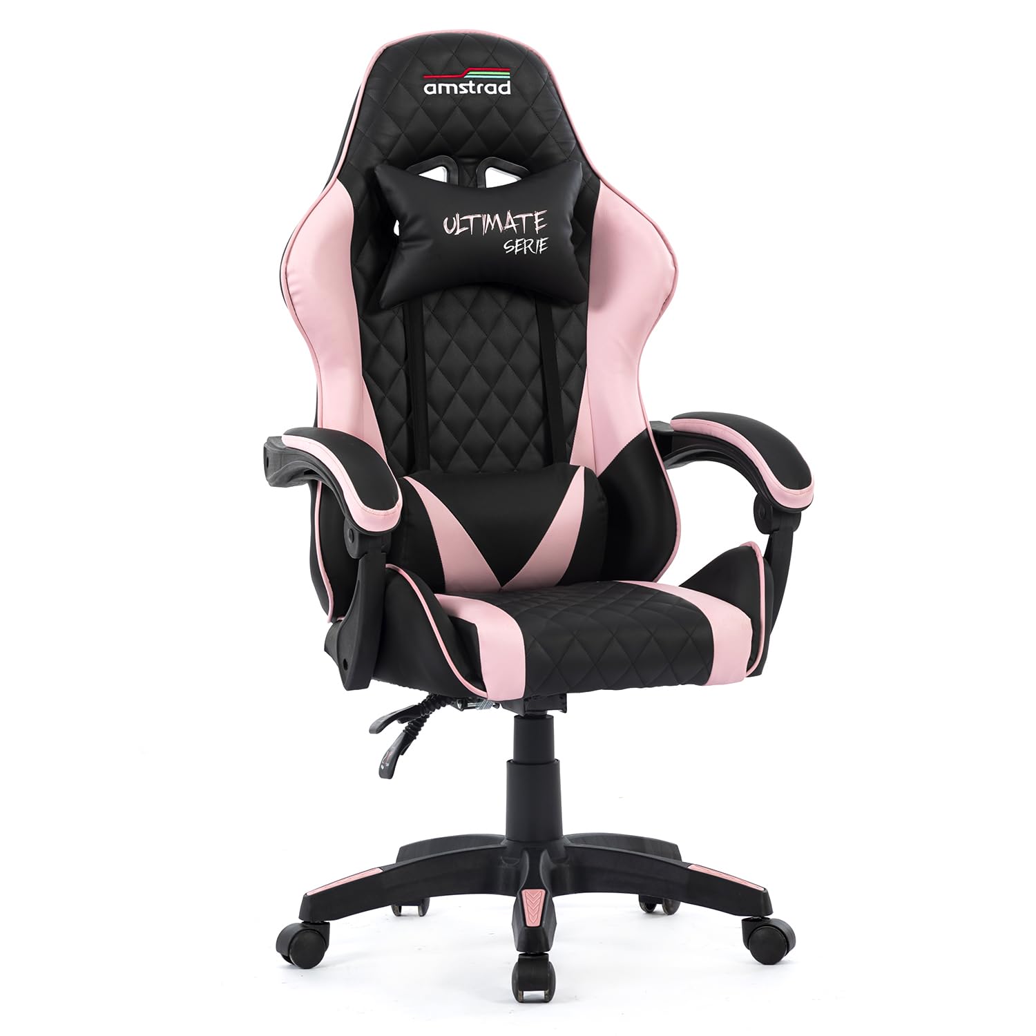 Amstrad Ultimate-Pink Fauteuil/Chaise de Bureau Gamer Coloris Noir & Rose - Coussin Lombaire & appuie tête