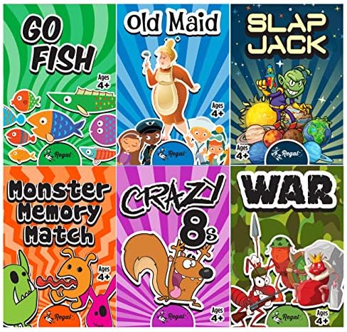 Regal Games - Kids Classic Card Games - Includes Old Maid, Go Fish, Slapjack, Crazy 8's, War, and Silly Monster Memory Match- for Family Game Nights, Parties - Set of 6 Games