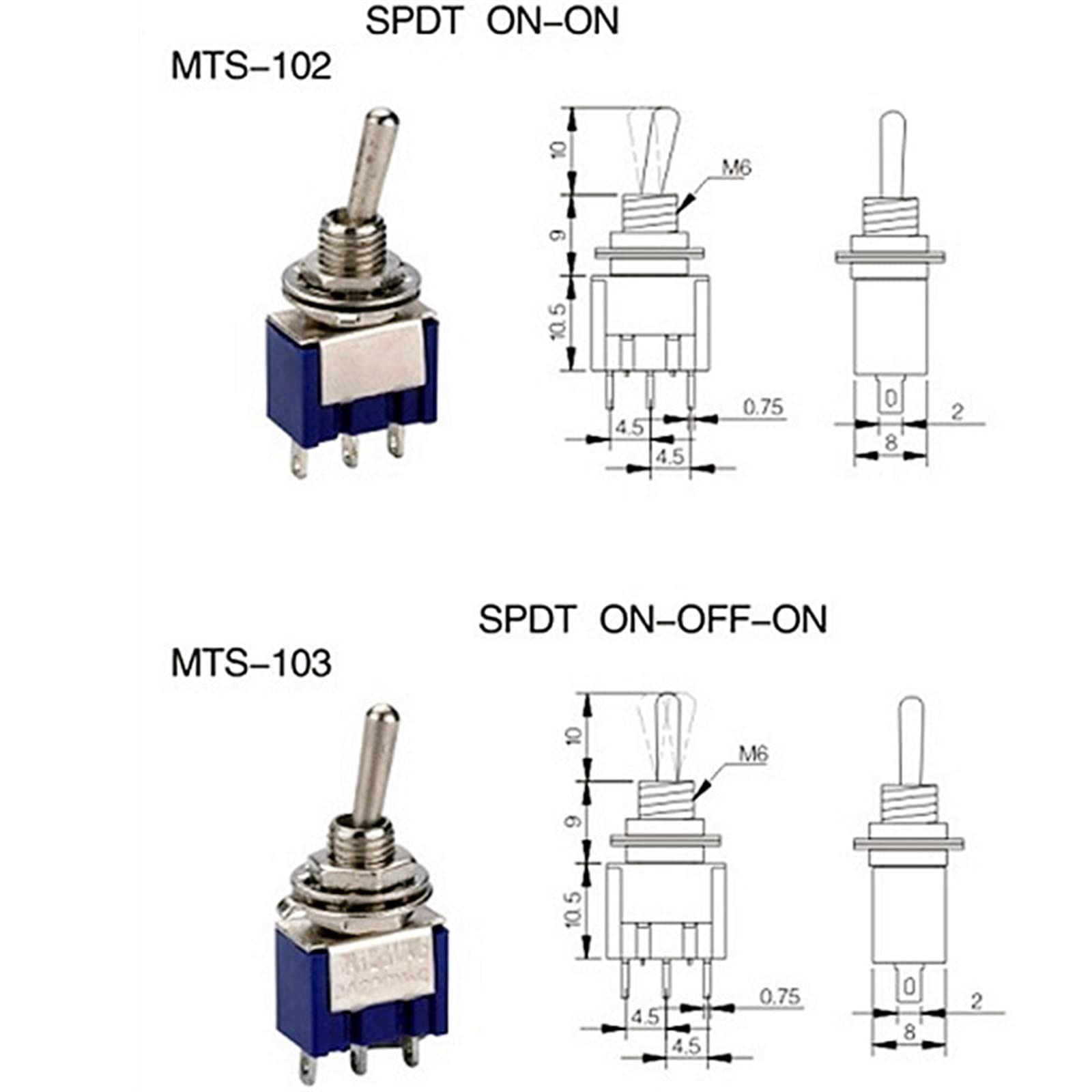 Interruttori a levetta, Deep Blue, Mini, 3/6 Pin, 2/3 Gear, ON-Off/ON-Off-ON, DPDT, Pulsante di accensione, 6A/125V,3A/250V AC, Interruttori a bilanciere, Dimensioni: 1 PZ ) ( Color : 3 Pin 102(ON-OFF
