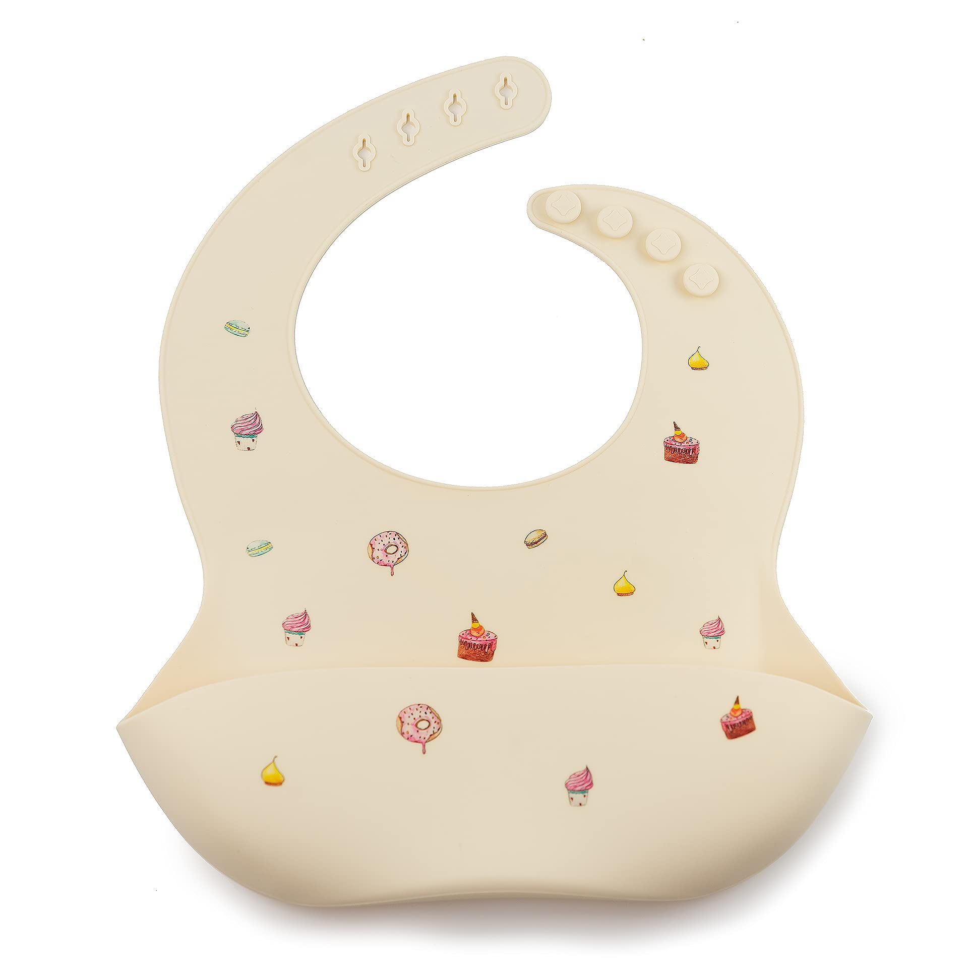 J. Børn Ivory Cakes J.børn Silicone Baby Feeding Bibs | Hand-Painted Designs On Silicone Protection | Waterproof Baby Bibs | Easy To Clean Weaning Apron | 4 Adjustable Sizes With Deep Front Pockets (Ivory Cakes)
