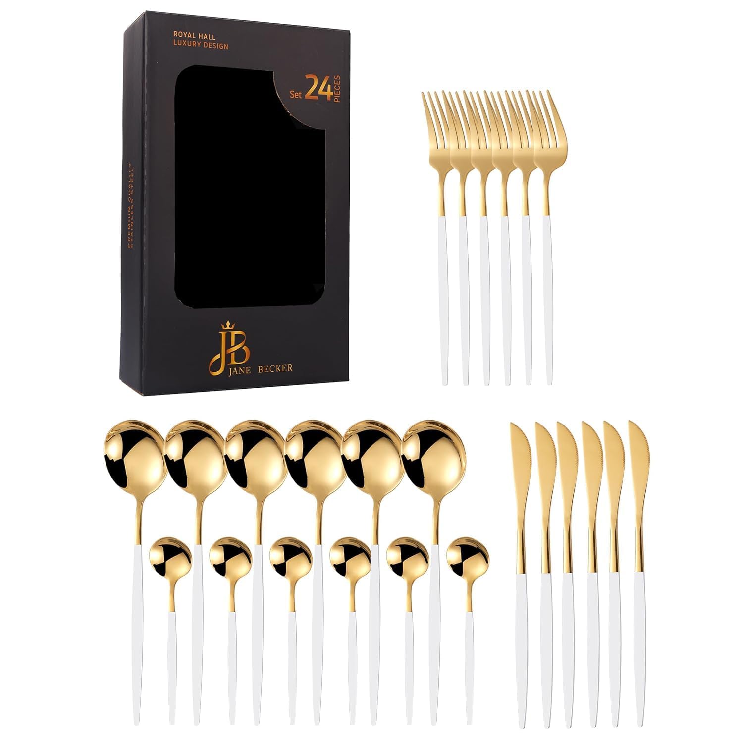 Jane Becker 24-Piece Premium Stainless Steel Flatware Cutlery Set Service for 6 Including Forks Spoons Knives,Kitchen Utensil Set,Tableware for Home and Restaurant, Dishwasher Safe…(GOLD & WHITE)