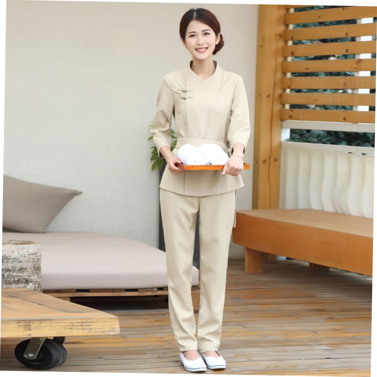 Healvian Uniforme de Técnico de Belleza Beige Cómodo y Plegable para Salón y Teñir el Cabello, Ropa de Trabajo en Poliéster y Spandex, Talla L a XXXL