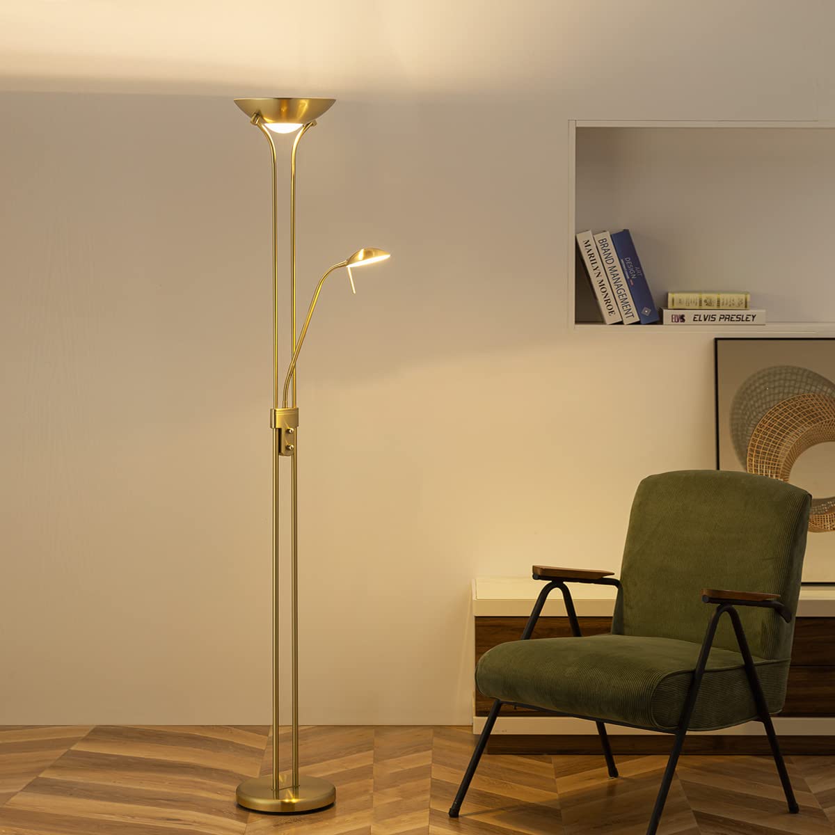 Home Sweet Home Classique Lampadaire | 50/50/180cm | Bronze doré | Lampadaire | dimmable avec lampe de lecture flexible| Source lumineuse R7s+G9 | adapté pour le salon
