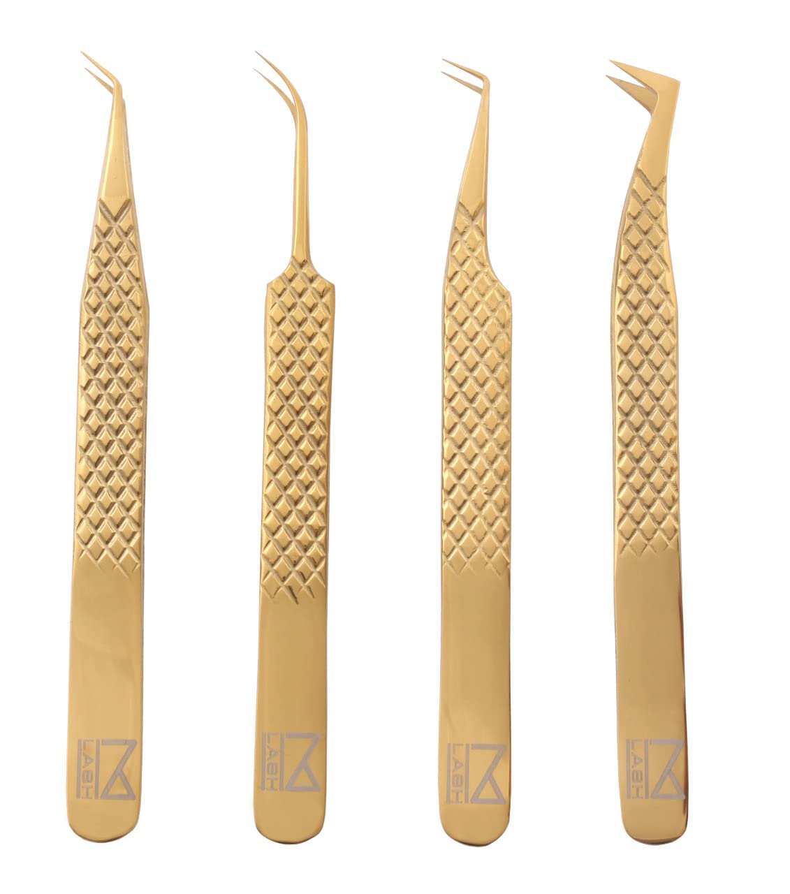 M Juego de 4 pinzas para pestañas, extensiones de pestañas, color dorado | Punta de fibra, acero japonés, agarre de diamante, pinzas profesionales para extensiones de pestañas