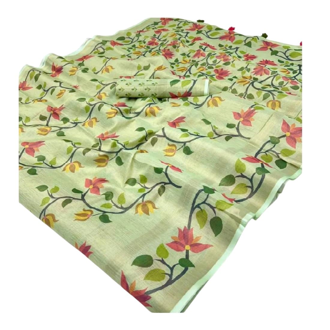 Handloom Linen Floral Digital Printed Saree with Tassels on Edges & Attached Blouse Piece | 5.5 Meter Saree + 0.8 Meter Blouse