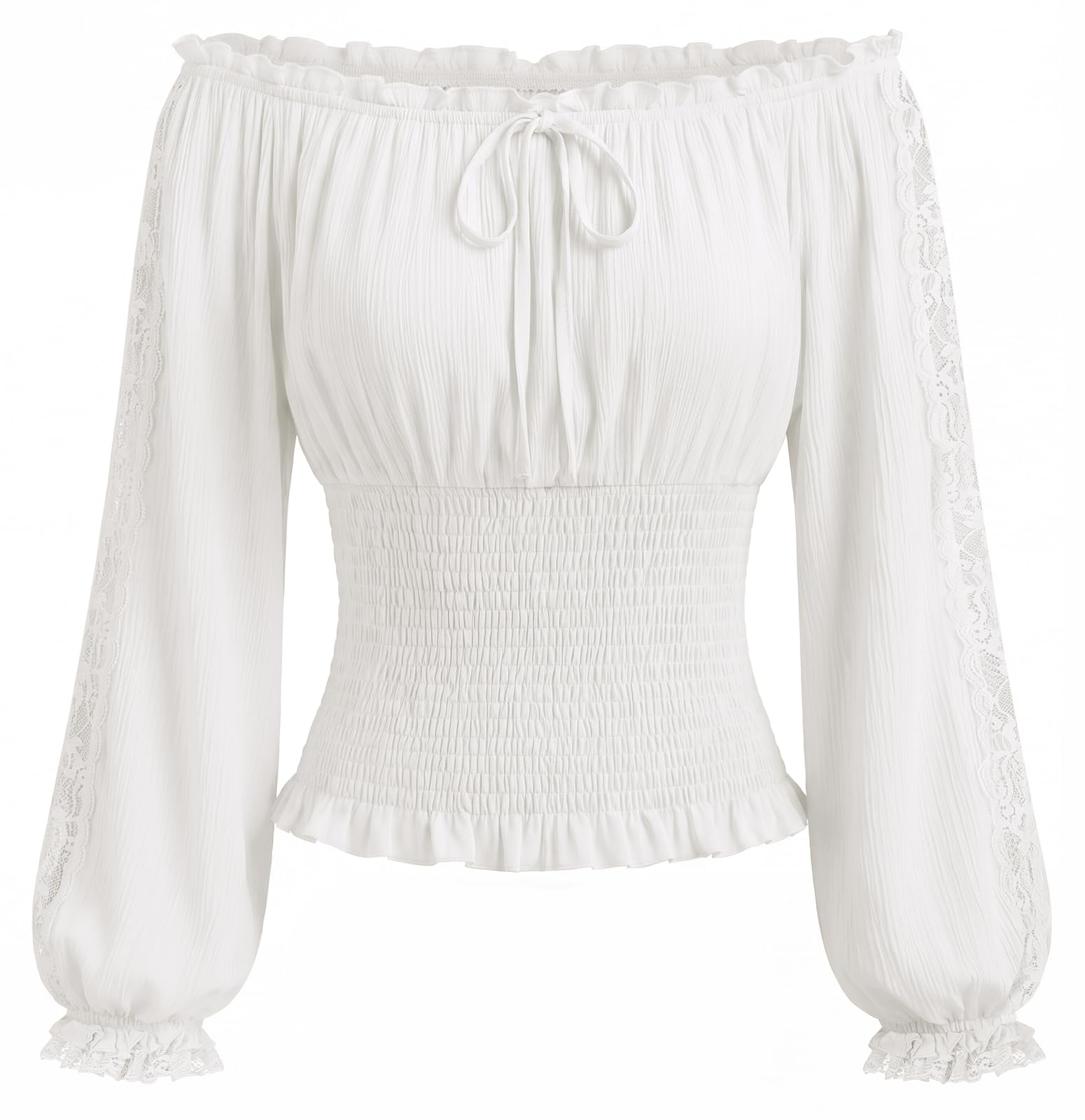 SCARLET DARKNESS Renaissance Lantern Sleeve Bardot Trim Lace Smocked Blouse