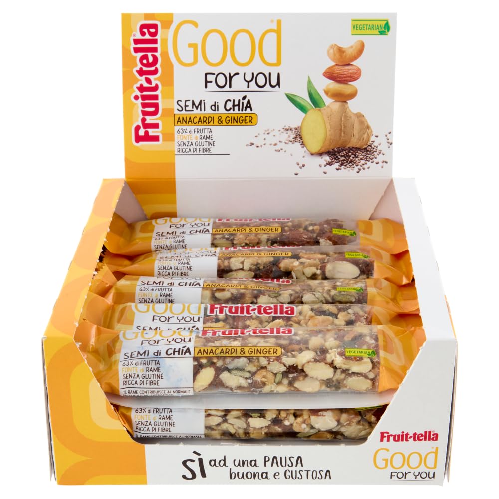 Fruittella Good For You Anacardi e Ginger, Barrette, Healthy Snack, con Mandorle e Semi Di Chia, con Frutta Secca e Disidratata, Confezione da 16 Barrette, Snack Sano Senza Glutine e Ricco di Fibre