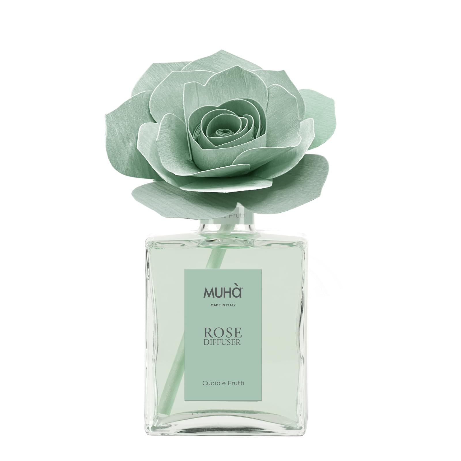 MUHA' | Duftdiffusor für Räume Rosa Diffuser, Duft Cuoio e Frutti, Raumduftdiffusor mit Rose aus Birkenholz, 200 ml Format.