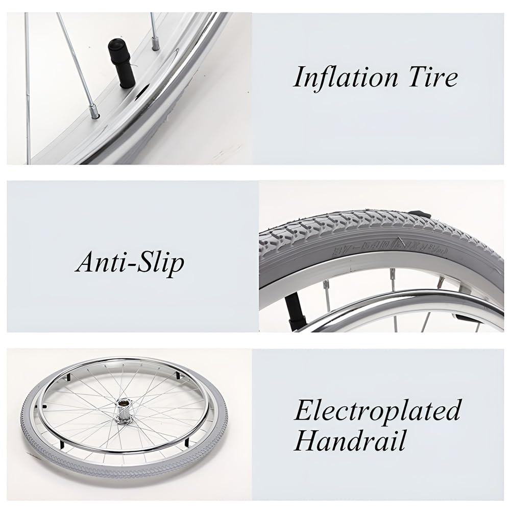 1 Par de Ruedas Traseras de Repuesto para Silla de Ruedas de 24 pulgadas, 24 x 1 3/8 Inflables Neumáticos, Rodamientos de 12 mm (1/2"), Accesorios Manuales para Silla de Ruedas