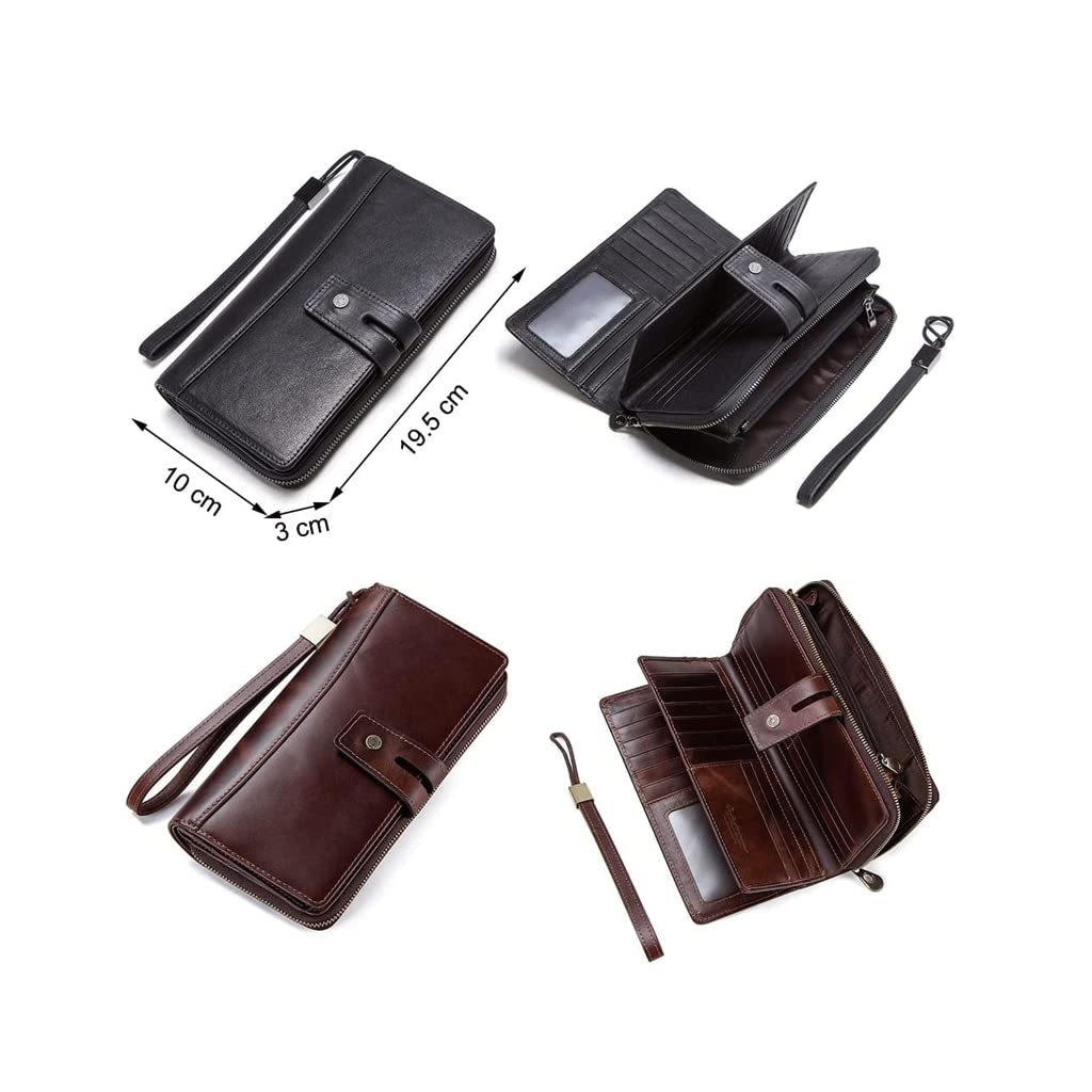 fhda Carteras de Cuero de Grano Superior, Tarjetero de Lujo con Cremallera para Hombre, Bolso de Mano Plegable de Gran Capacidad con Ventana de identificación, Tarjetero, Monedero