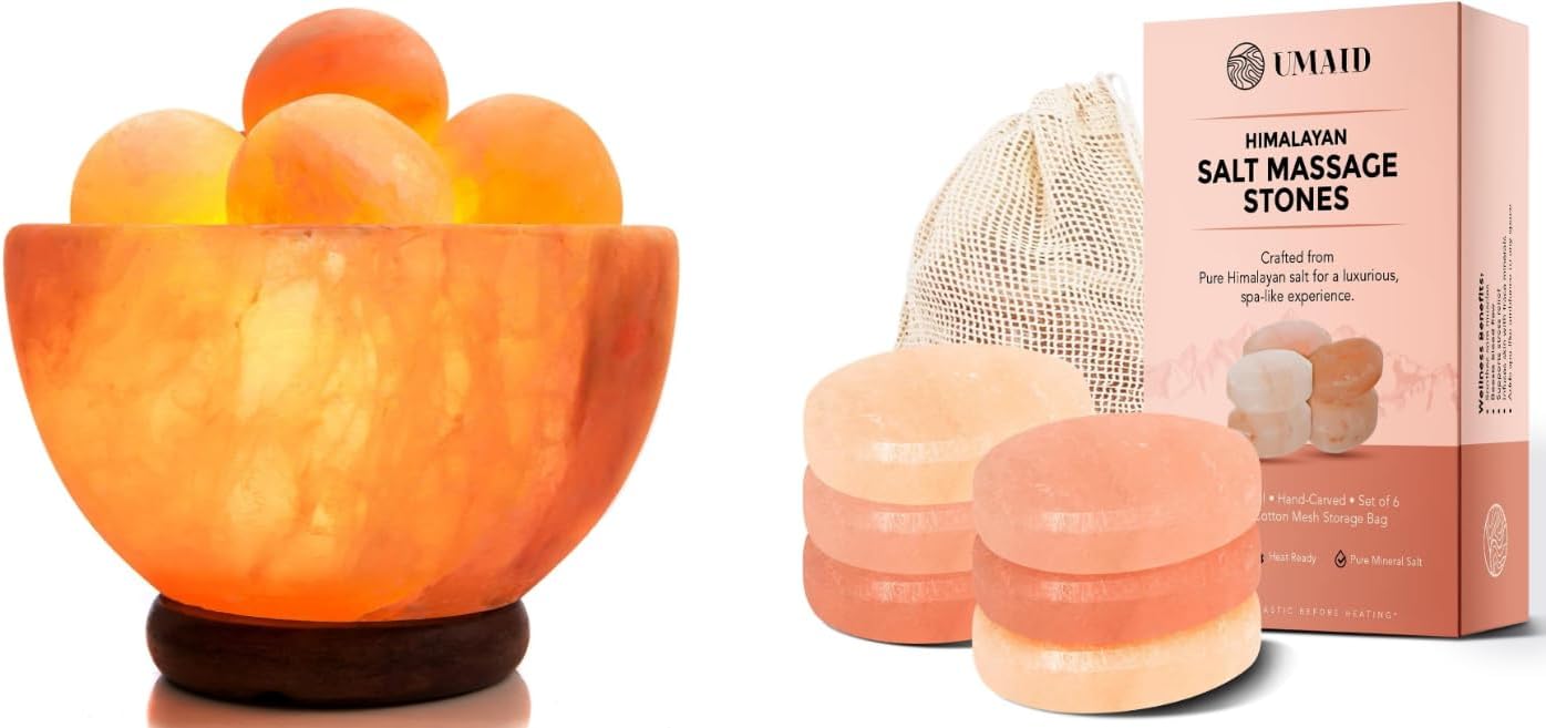 UMAID Himalayan Salt Massage Bowl Lamp with 6 Massage Balls and 6 Stones – Natural Spa Therapy Gift Set for Relaxation, Massage, and Wellness – Ideal Holiday Gift 2025