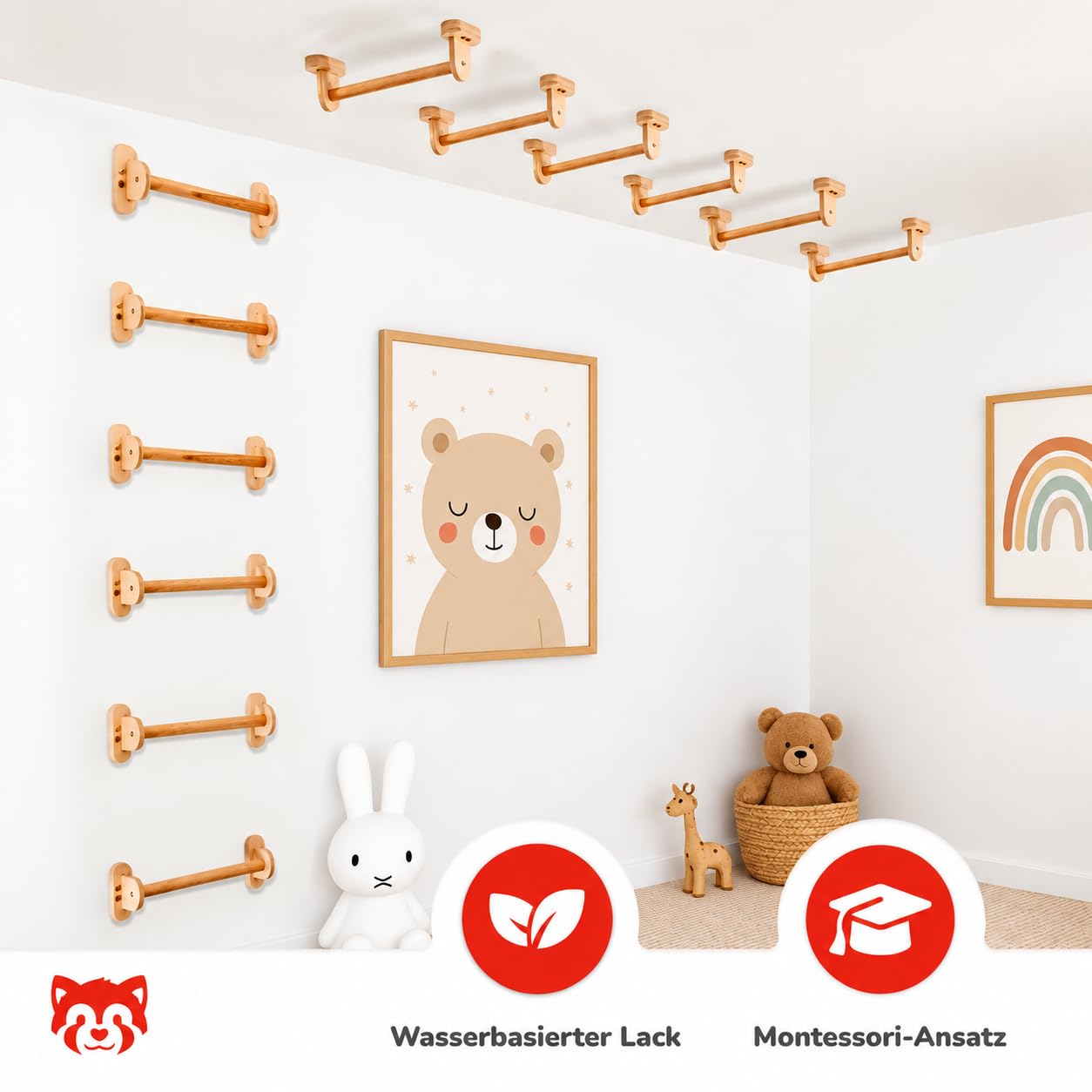 Wood And Hearts Kletterstangen für Kinder, Indoor-Kletterleiter-Sprossen – Holzsprossen für aktives Spielen (Kurze Kletterstangen)