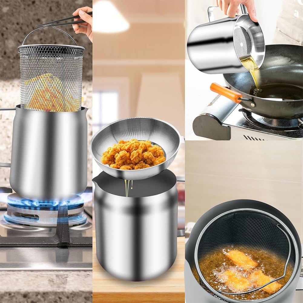 Marmite à Friture 2-en-1 en Inox 304 avec Panier, Pichet Filtre à Huile 2L, Mini Friteuse Induction et Récipient pour Graisse de Bacon, Idéal Cuisine et Camping (1.5L)