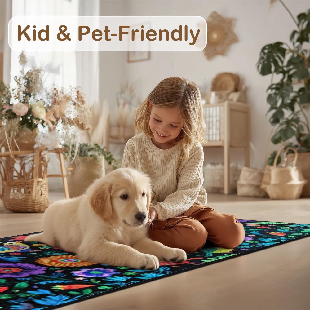 Mexican Floral Runner Rugs for Hallway, Mexican Kitchen Runner 20x59inch Non-Slip Black Rug Carpet for Hallways Kitchen Laundry Bedroom Bathroom Machine Washable