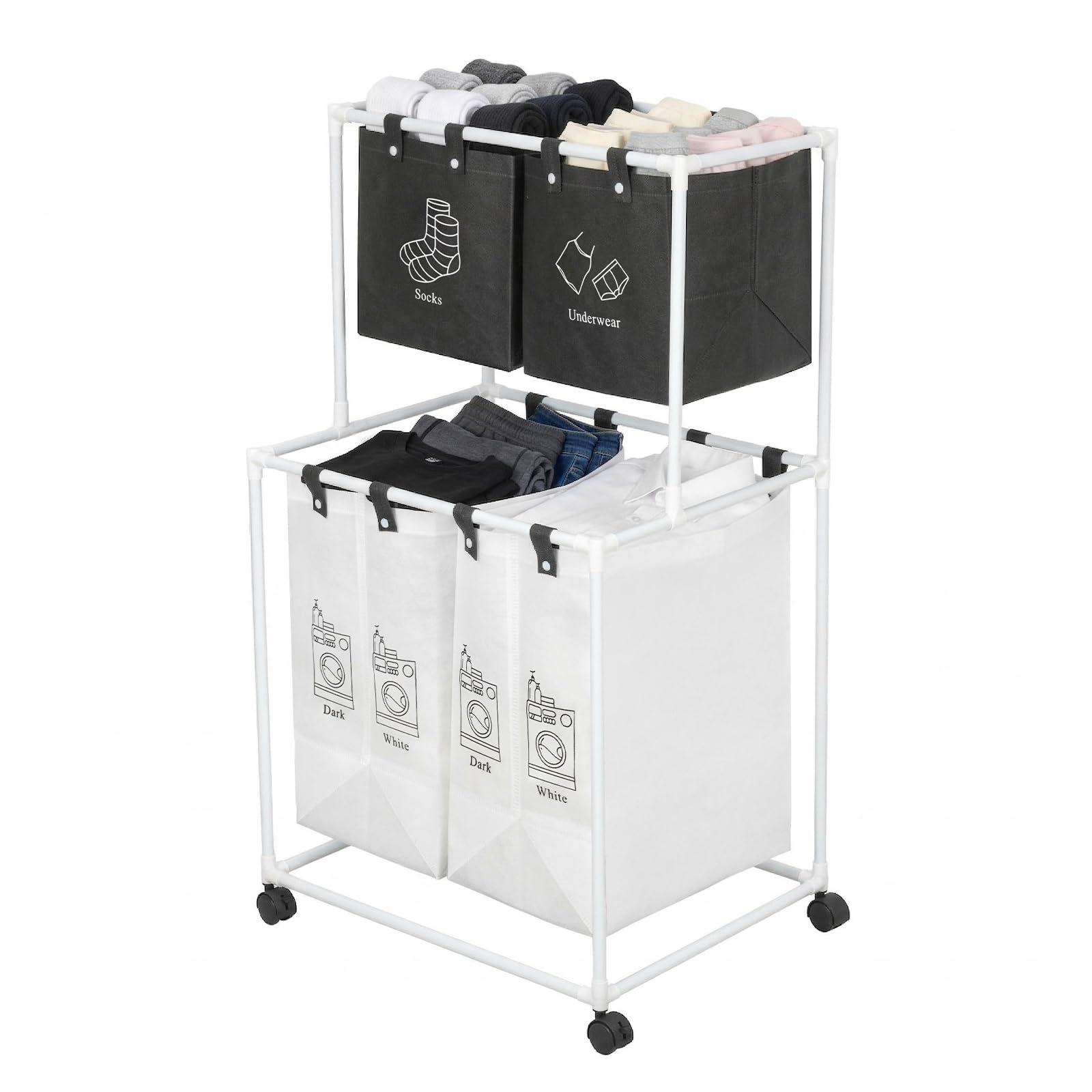 SUNNYNEST Double Layer Laundry Basket with 4 Detachable Bags, Clothes Sorting Hamper with Storage Rack – Rolling Laundry Organizer for Dirty Clothes & Laundry Supplies (White)