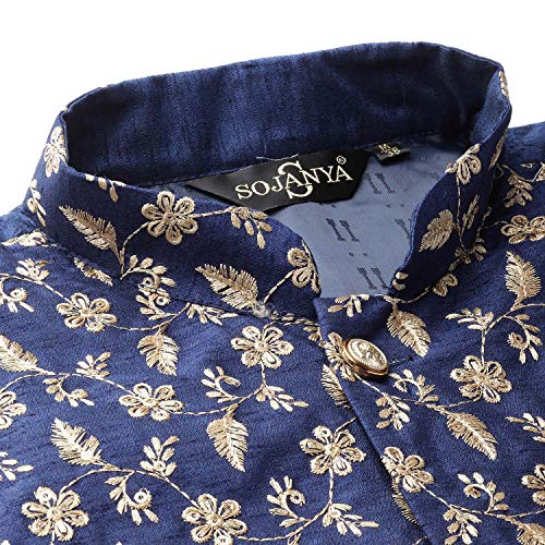 Image of SOJANYA (Since 1958 Men's Silk Blend Sky Blue Kurta Pyjama & Navy Nehrujacket Combo Size 42