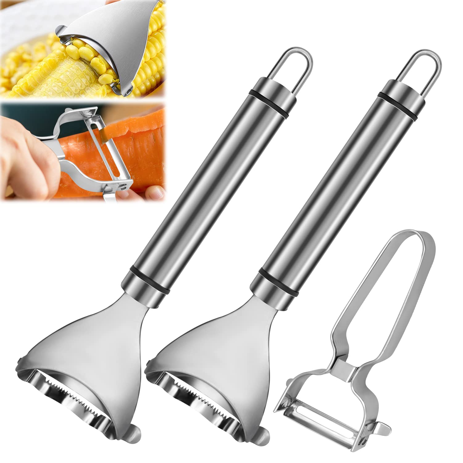 Abnaok Stainless Steel Corn Peeler, ?Magic Corn Cob Stripper Tool,Premium Stainless Steel Corn Thresher with Ergonomic Handle,Corn Cob Remover (2x Corn Peeler+ 1 x Vegetable Peeler)