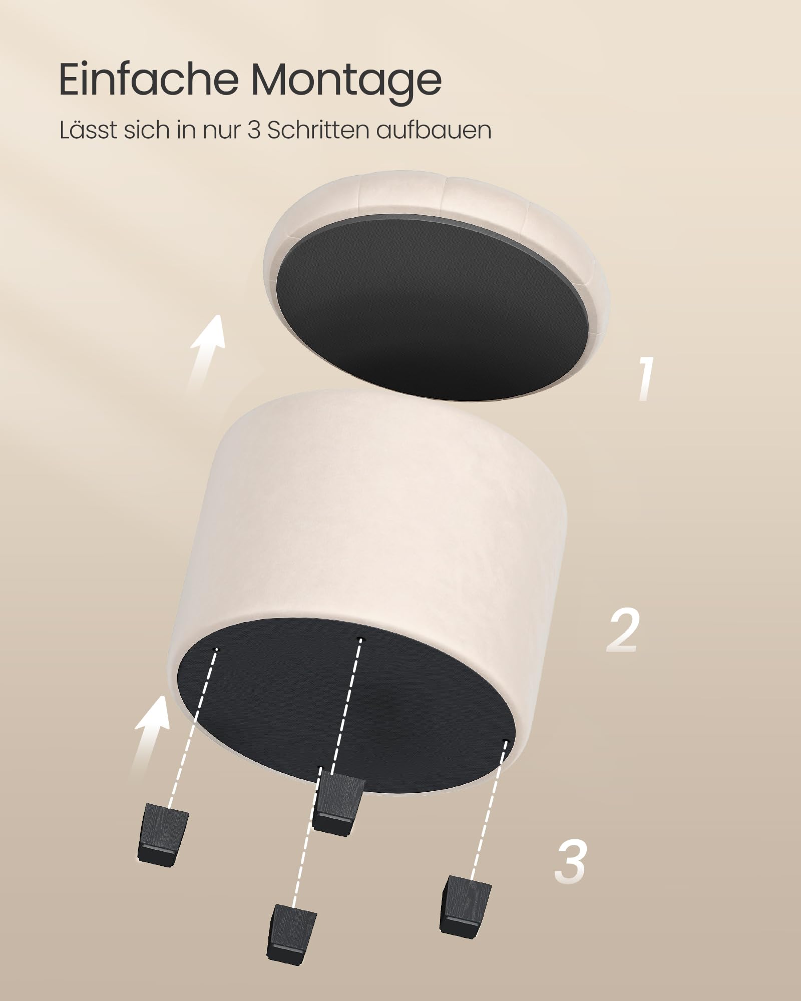 SONGMICS Sitzhocker rund, Fußhocker mit Stauraum, Schminkhocker mit Füßen, 45 x 45 x 44,5 cm, Samt, bis 150 kg belastbar, für Wohnzimmer Schlafzimmer, cremeweiß LOM012W01