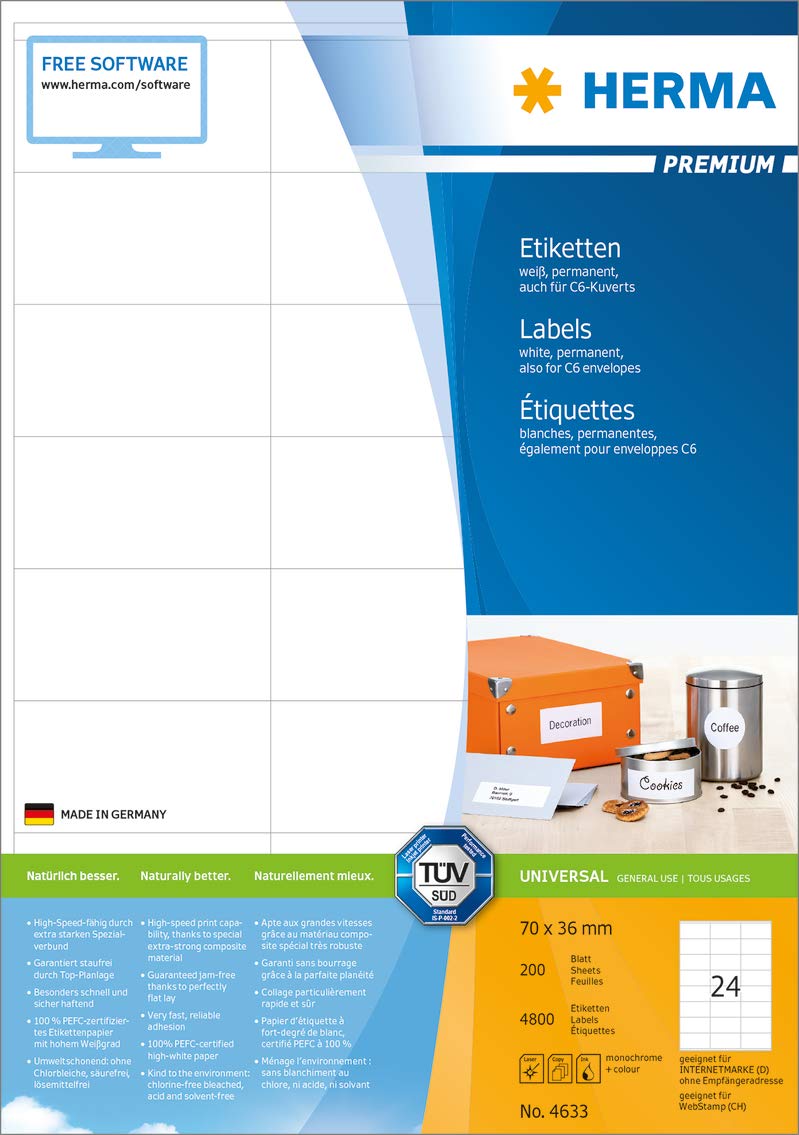 HERMA Etikett, Inkjet/Laser/Kopierer, selbstklebend, 70 x 36 mm, weiß (4.800 Stück), Sie erhalten 1 Packung á 4800 Stück