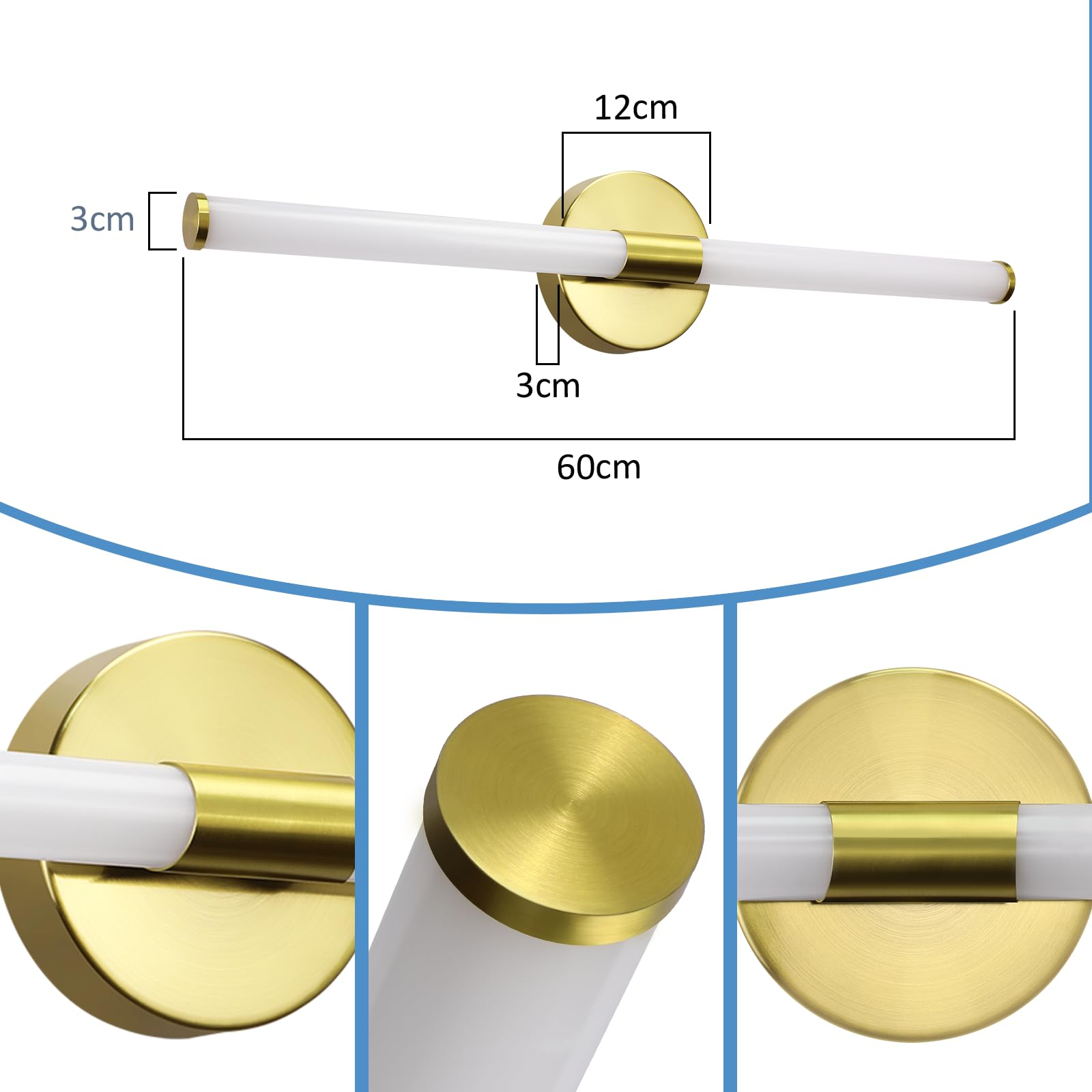 LED Spiegelleuchte Bad Gold Spiegellampe - 60CM Badlampe Wand IP44 Spiegellampe Badezimmer 8W Spiegelschrank Beleuchtung 4000K Neutralweiß Wandlampe über Spiegel für Bad Küche Badschrank