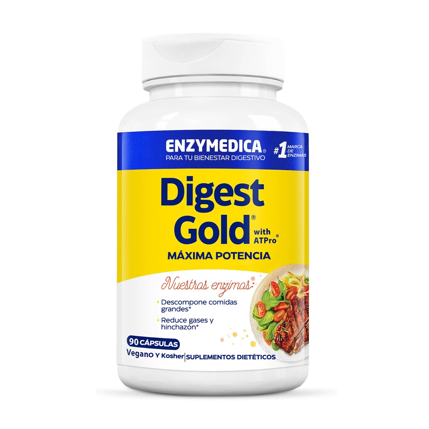 Enzimas Digestivas Potentes, complemento ideal de Probioticos Intestinales, Prebioticos y Probioticos, Enzymedica Digest Gold Digestive Enzymes, Enzimas Digestivas, Gases, Lactasa 90 capsulas