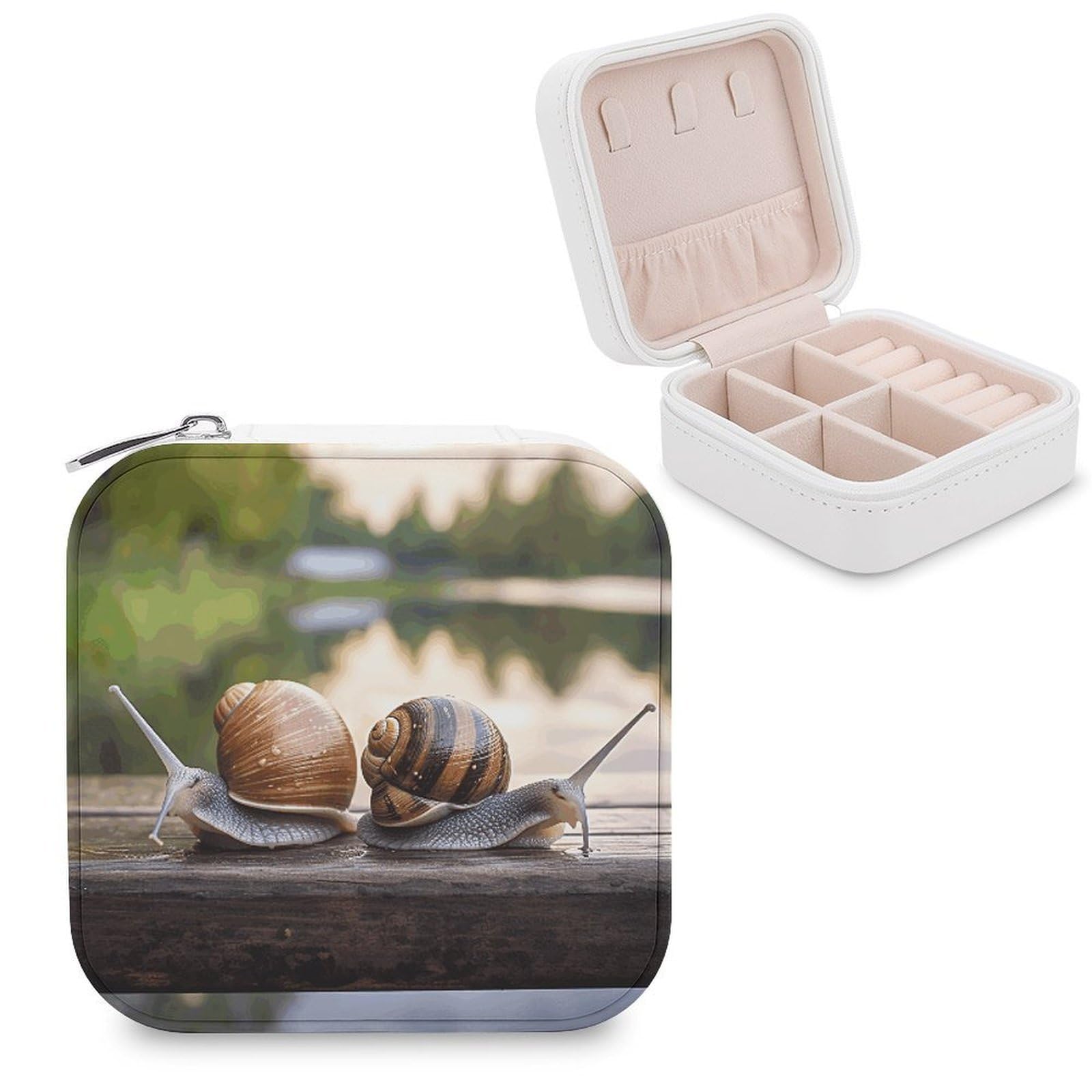 JTREHY Travel Two Snails on The Bench Jewelry Case Portable Display Storage Box PU Leather Mini Jewelry Travel Case Personalized Travel Jewelry Organizer Small Jewelry Box for Women