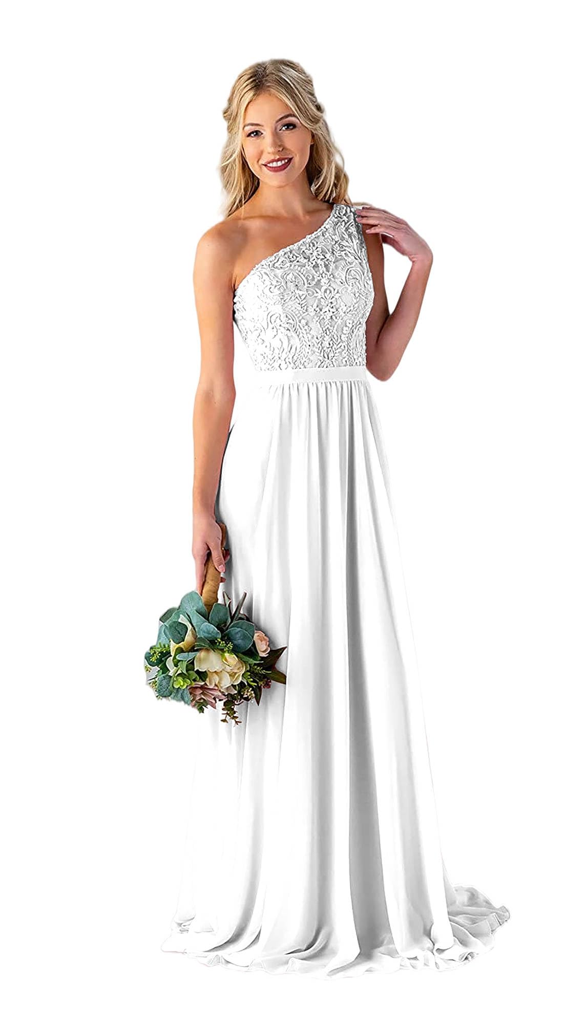 LANGKAAO Women's One Shoulder Bridesmaid Dresses Long for Wedding with Pockets Lace Bodice A-Line Chiffon Formal Party Gown