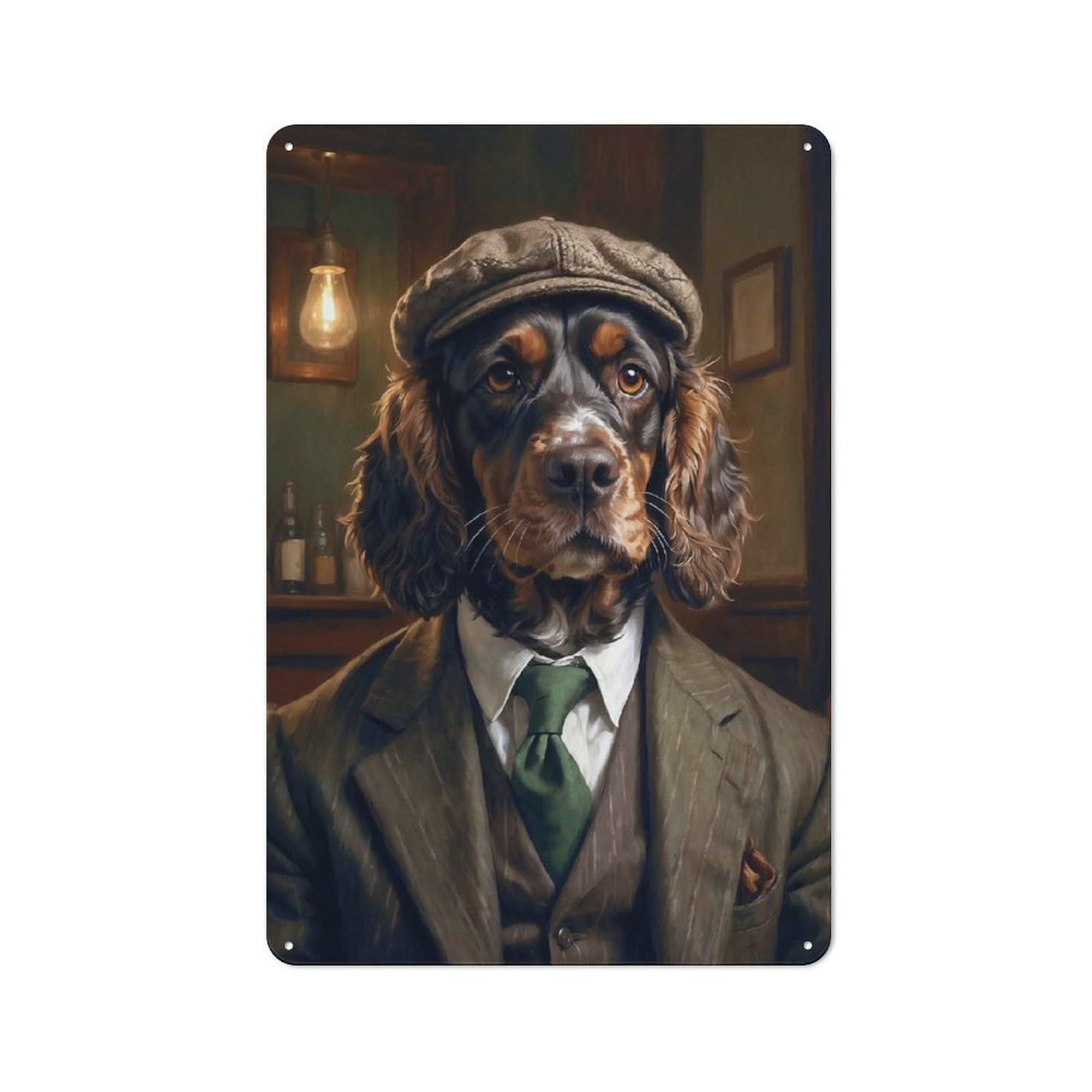 Junmoney Cocker Spaniel Dog Wearing A Suit In The Pub Metal Wall Art Sign With Design 30X20cm, Modern Retro Urban Room Decor For Workspace, Cafe, Hallway Or Garage