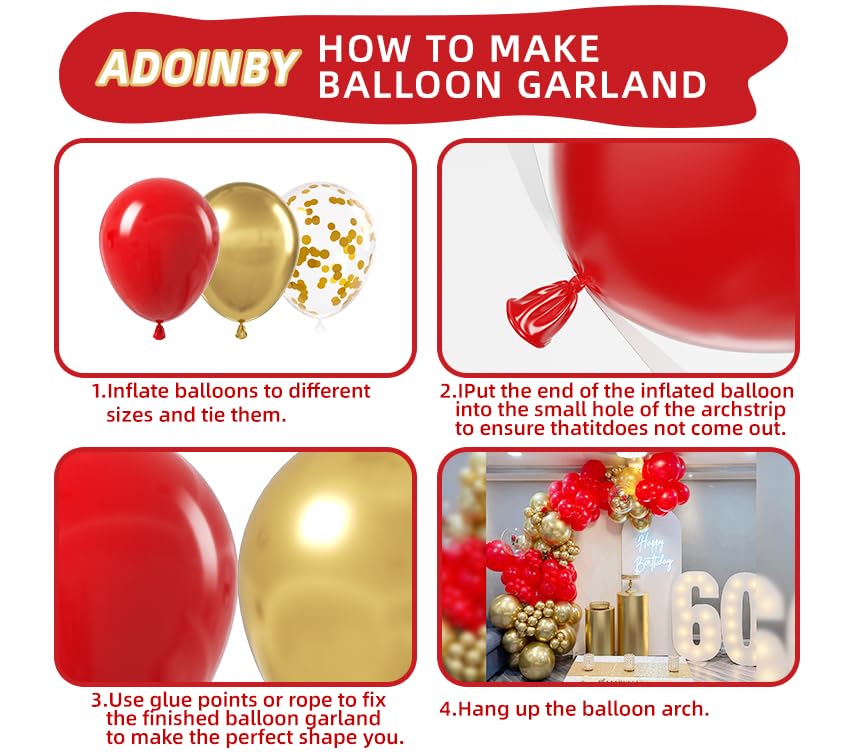 Image of Red and Gold Balloon Arch Kit, ADOINBY 140Pcs Gold Balloon Red Balloon Confetti Balloon 18 12 10 5 Inch Different Size Balloons for Valentine's Day Wedding Birthday Engagements Anniversary Decoration