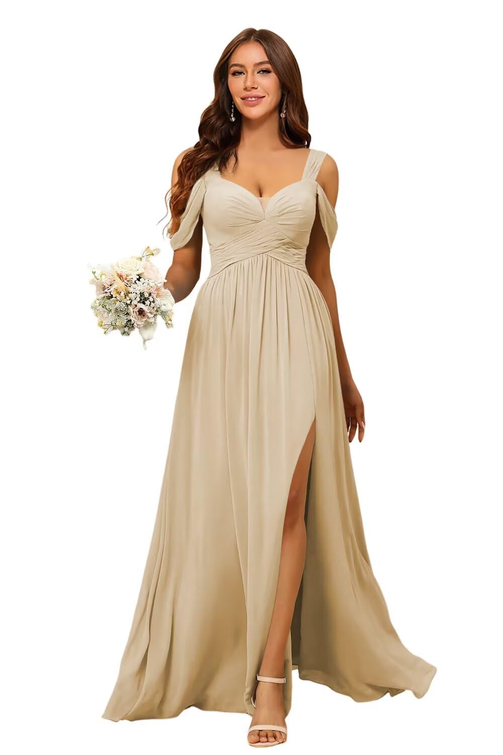 PUXIU Women's Cold Shoulder Bridesmaid Dresses 2025 with Silt Chiffon Pleated Formal Evening Dress PUS061